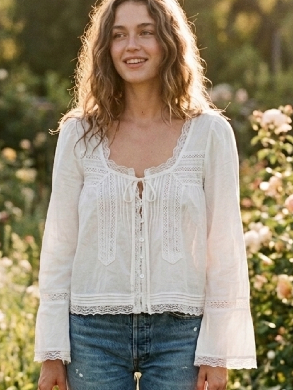 White Lace-Trim  Cropped Peasant Blouse with Front Tie